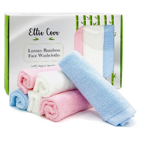 Ellie Cove Ultra Soft Luxury Organic Bamboo Facial Washcloths, Set of 6, 10''x10'' (White, Blue, Pink)