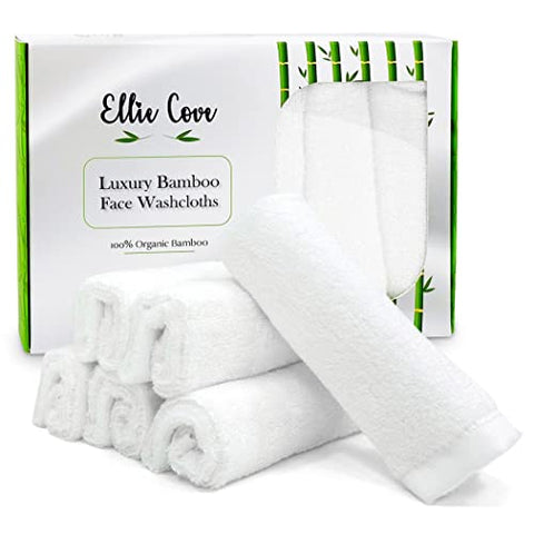 Ellie Cove Ultra Soft Luxury Organic Bamboo Facial Washcloths, Set of 6, 10''x10'' (White)