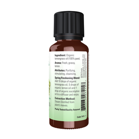 NOW Essential Oils, Organic Lemongrass Oil, Uplifting Aromatherapy Scent, Steam Distilled, 100% Pure, Vegan, Child Resistant Cap, 1-Ounce