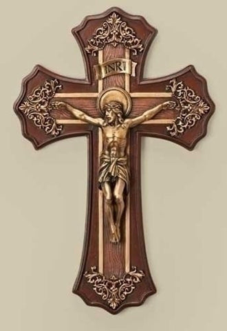 Roman 10.25" Victorian Style Oak and Antique Gold Finish Crucifix Wall Cross