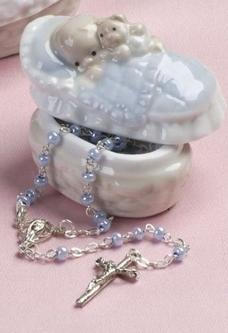 Rosary in Blue Porcelain Keepsake Box for Baby Boy