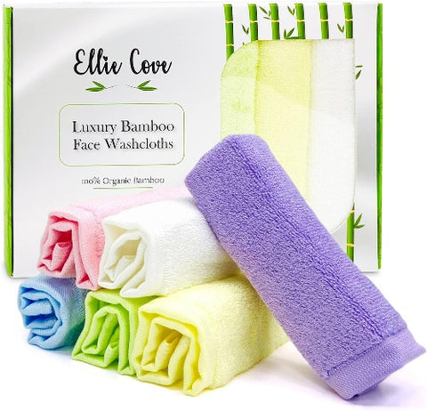 Ellie Cove Ultra Soft Luxury Organic Bamboo Facial Washcloths, Set of 6, 10''x10'' (White, Yellow, Green, Blue, Pink, Purple)