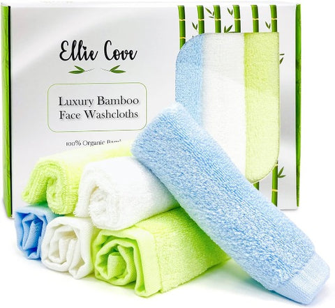 Ellie Cove Ultra Soft Luxury Organic Bamboo Facial Washcloths, Set of 6, 10''x10'' (White, Green, Blue)