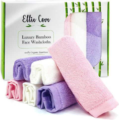 Ellie Cove Ultra Soft Luxury Organic Bamboo Facial Washcloths, Set of 6, 10''x10'' (White, Pink, Purple)