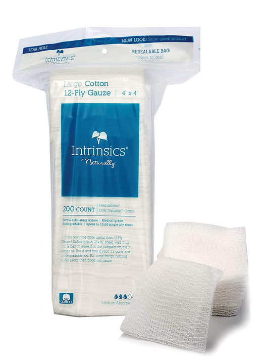 Intrinsics Cotton Large 12-Ply Gauze 4"x 4", Med -Esthetic 100% Naturelle Cotton, 200 Count